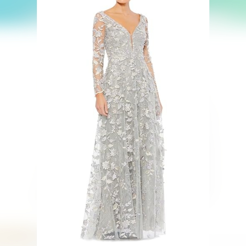 Mac Duggal Silver Lace A-Line Gown